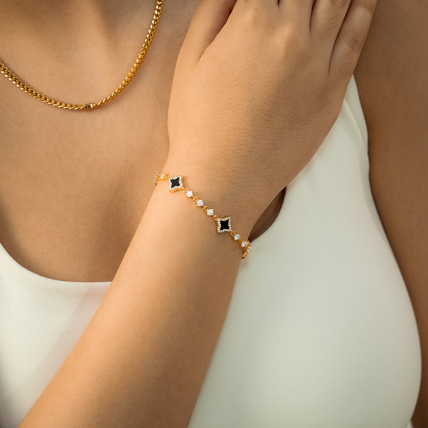 Gold Flower Tennis Bracelet - Black