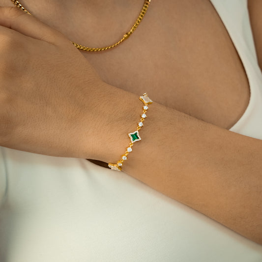 Bracelet Flower Tennis Doré - Motif Blanc & Vert