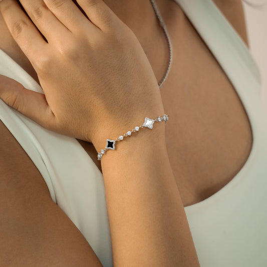 Silver Flower Tennis Bracelet - White & Black