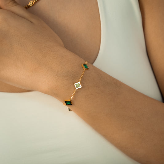 Bracelet Flower câble Doré - Motif Vert