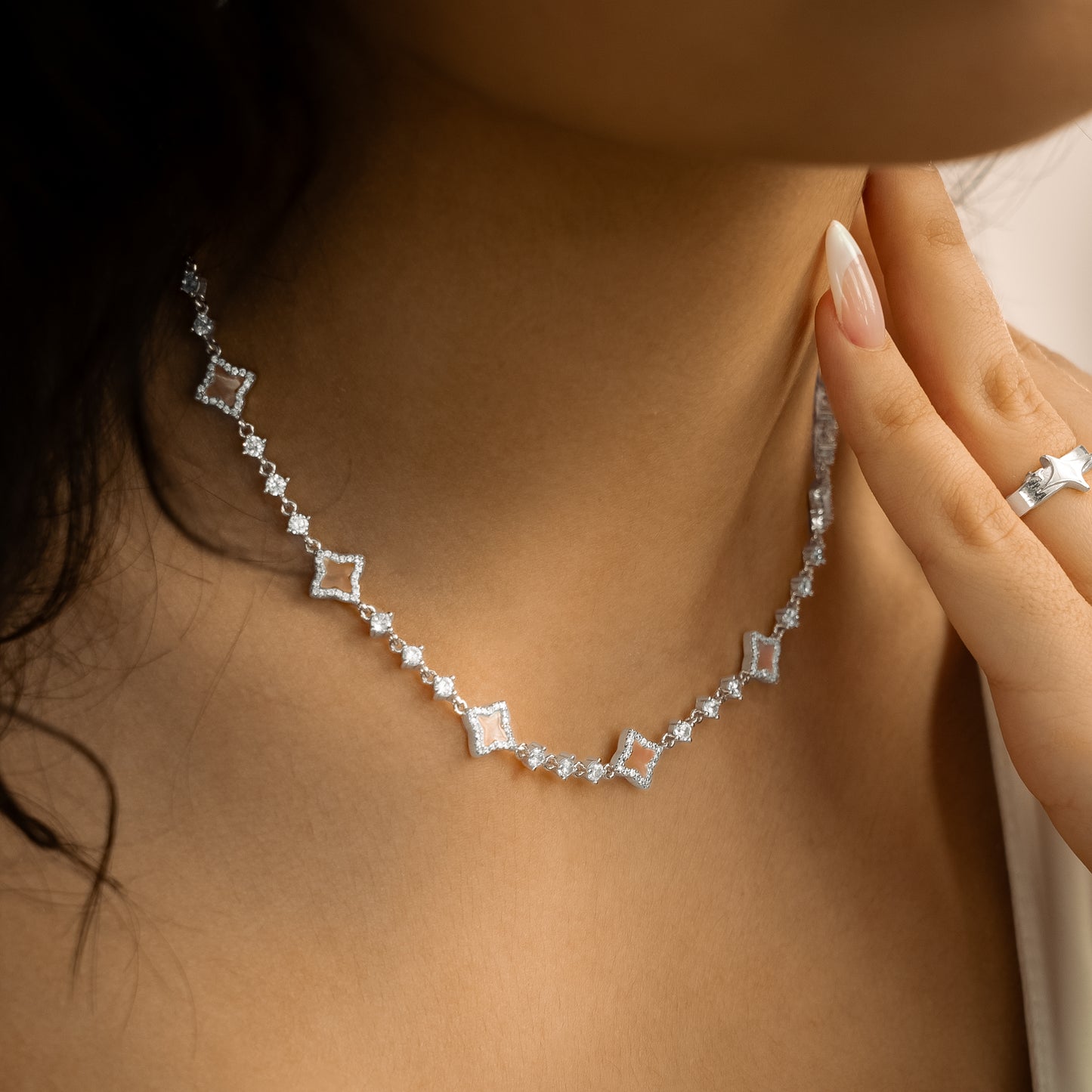 Silver Flower Tennis Chain - Pink