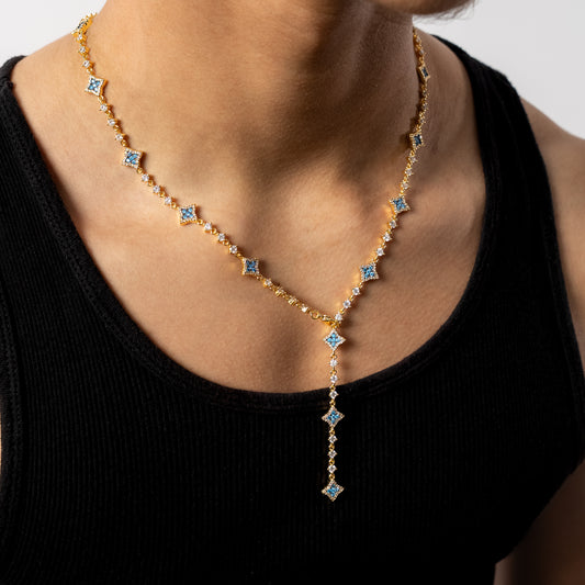 Lariat Flower Tennis Doré - Pierres Bleues