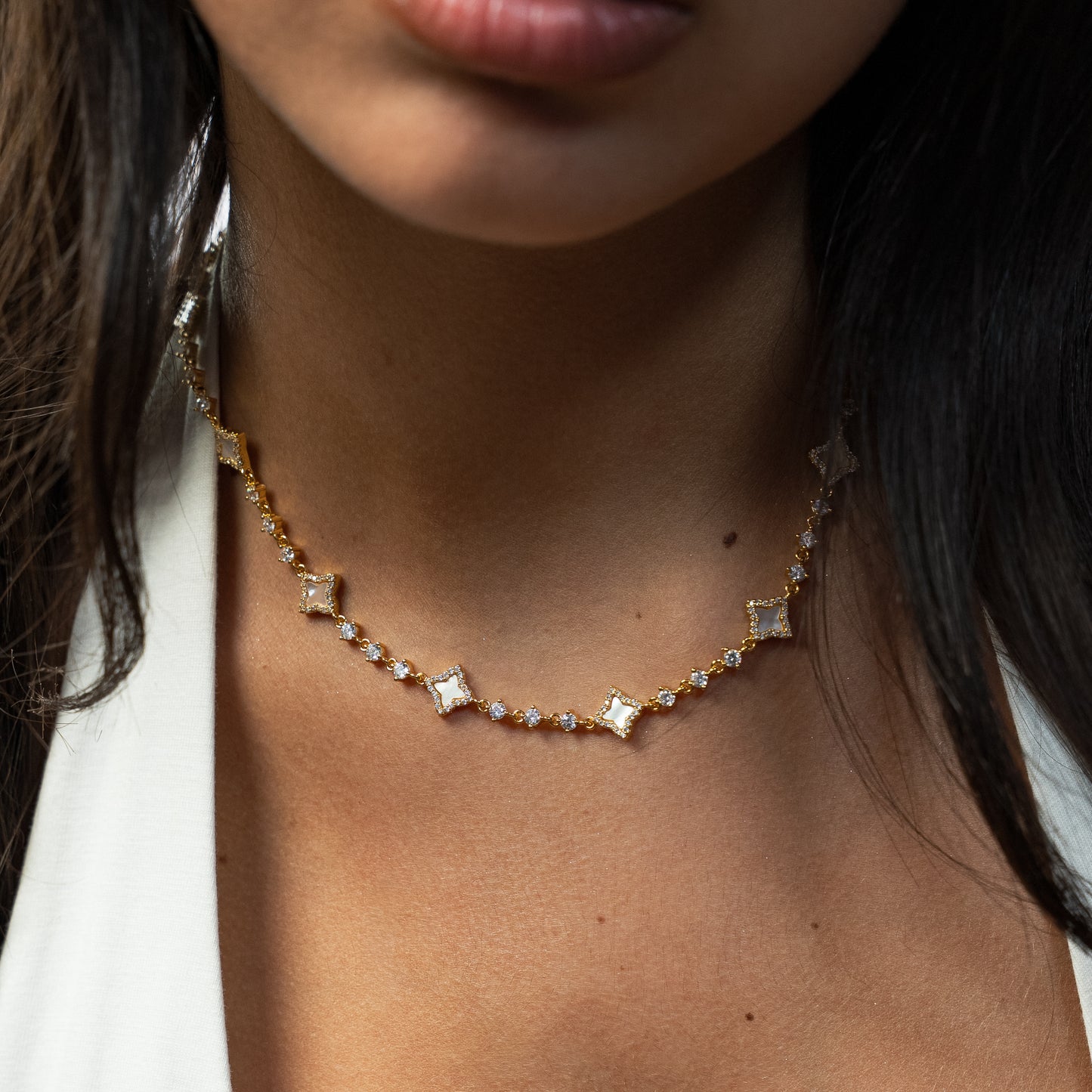 Gold Flower Tennis Chain - White