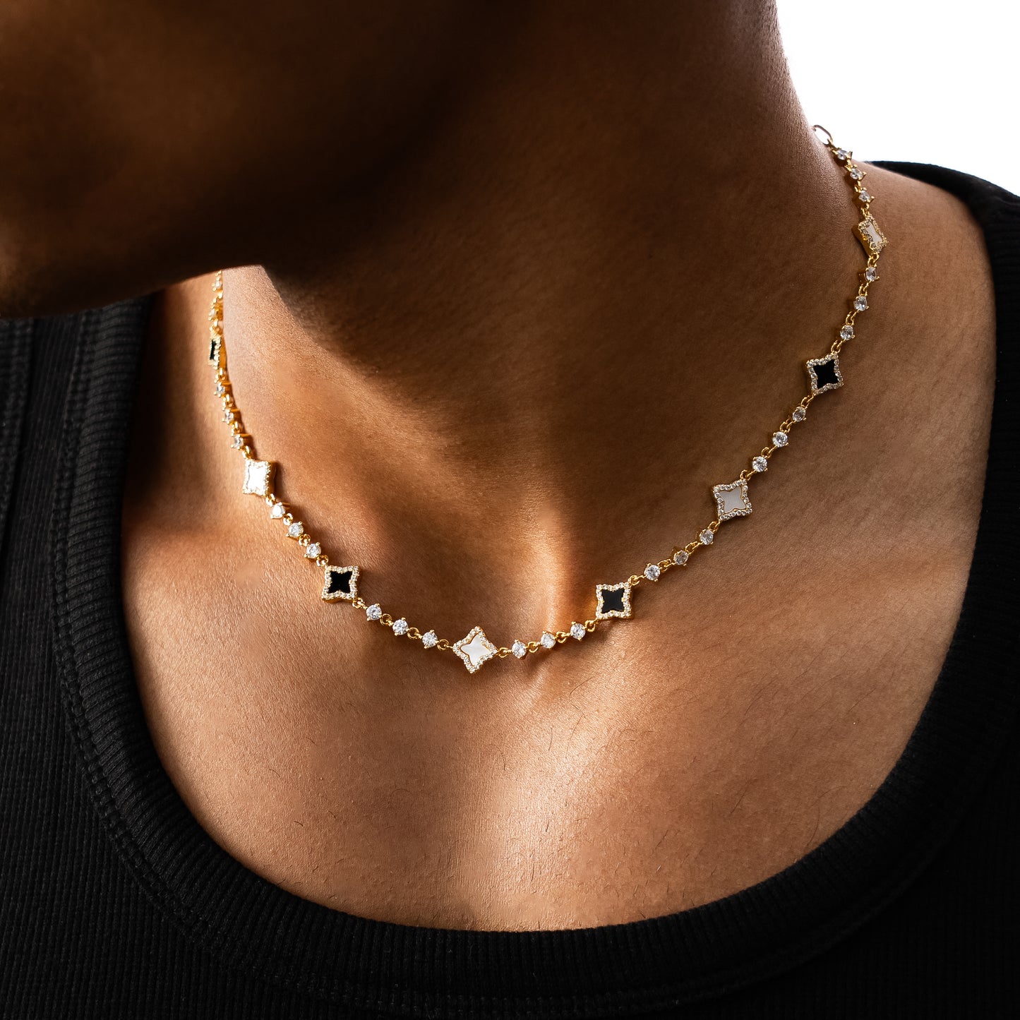 Gold Flower Tennis Chain - White & black