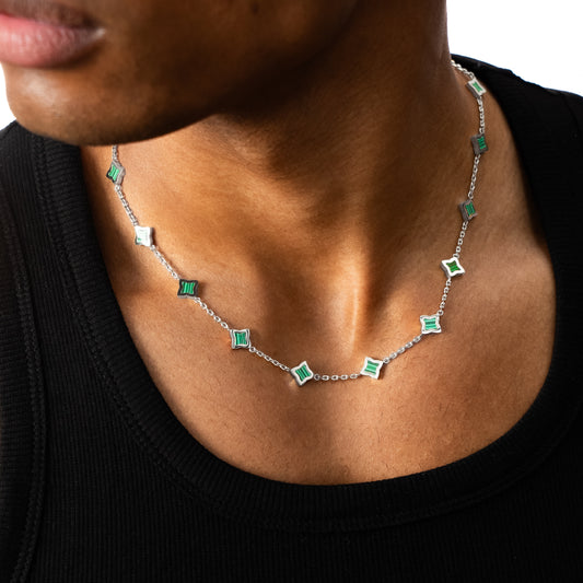 Silver Flower Cable Chain - Green