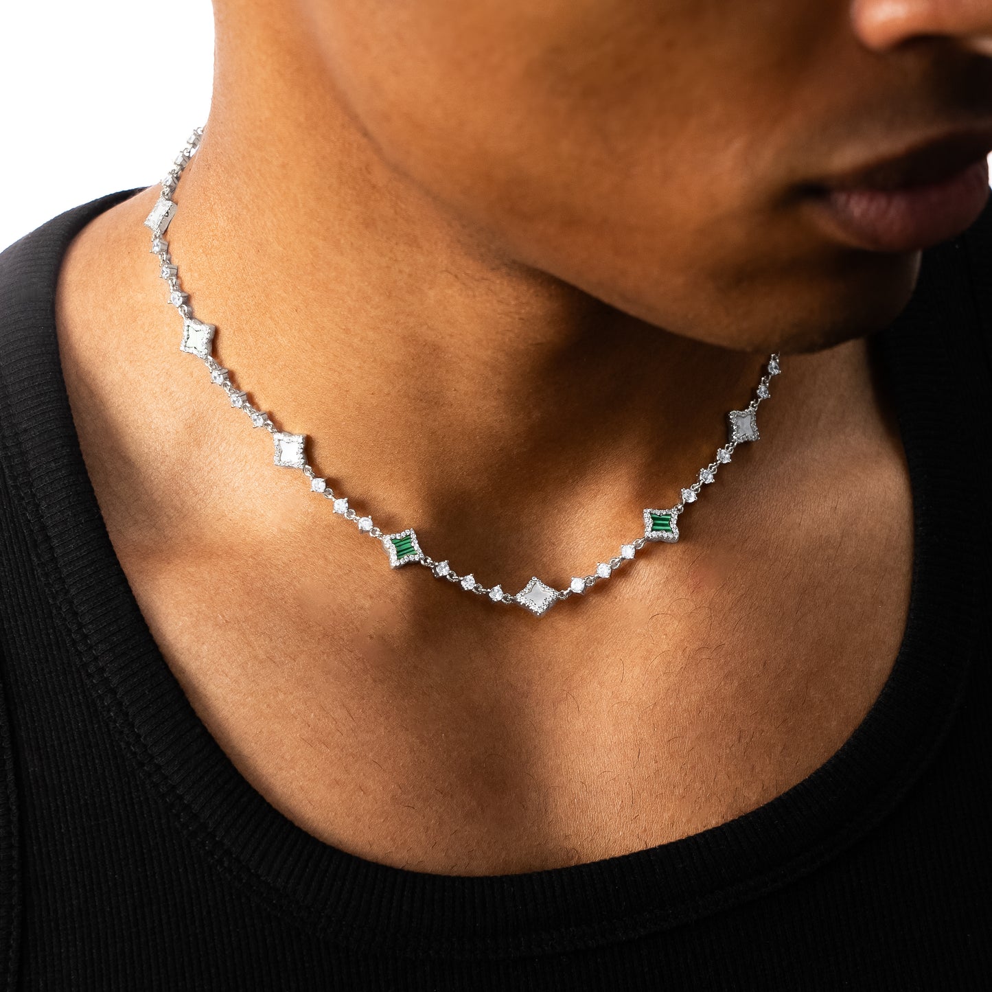 Chaîne Flower Tennis Argentée - Motif Blanc & Vert