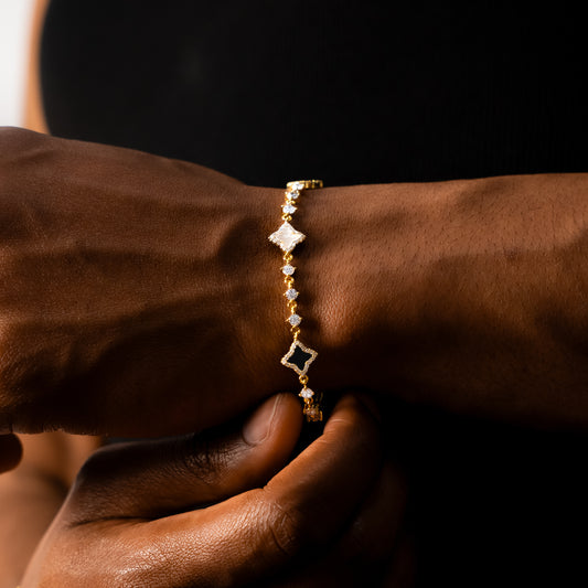 Bracelet Flower Tennis Doré - Motif Blanc & Noir