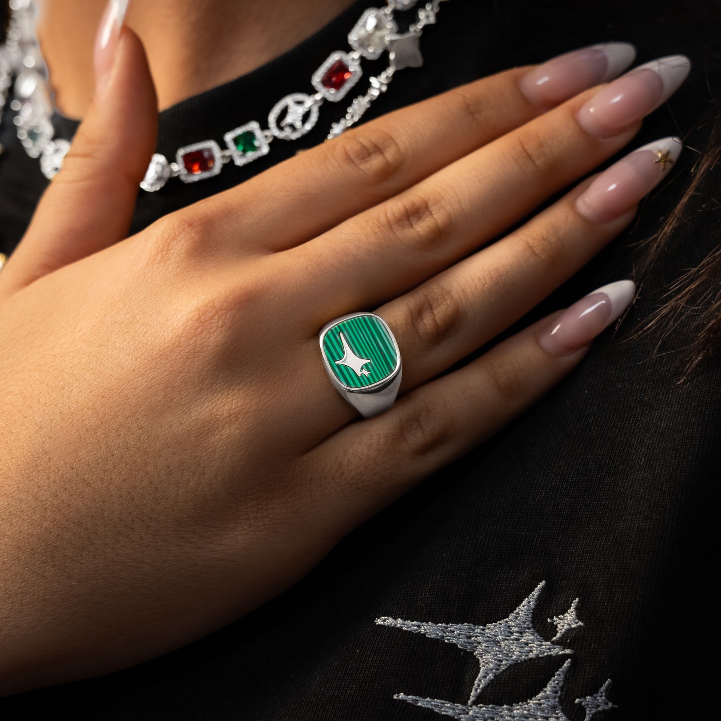 Raw Ring Argentée - Motif Vert