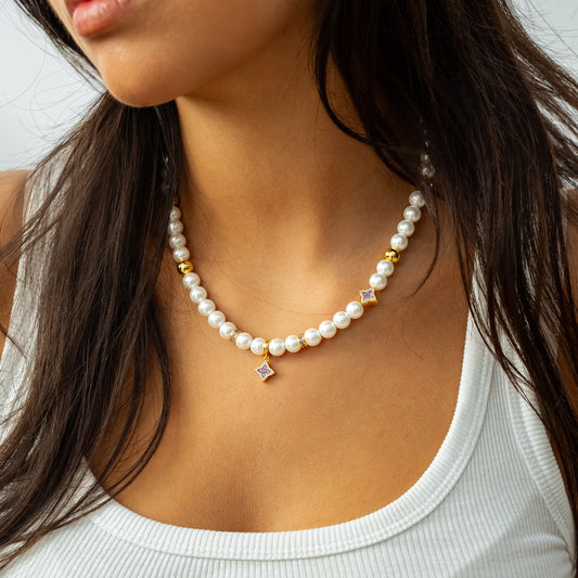 Gold Flower Pearl Chain - Purple Stones