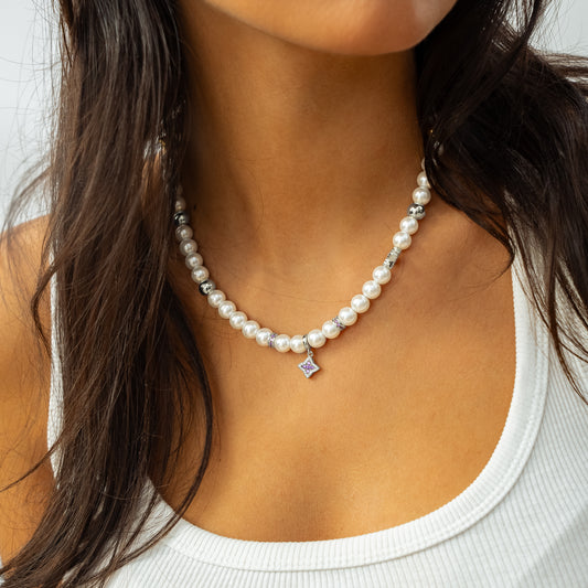 Silver Flower Pearl Chain - Purple Stones