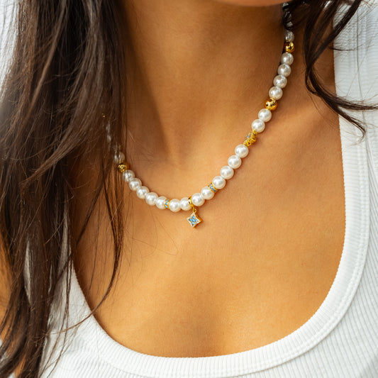 Gold Flower Pearl Chain - Blue Stones