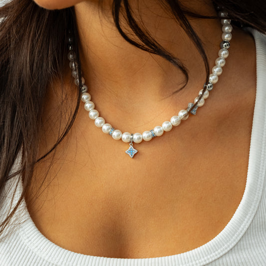 Silver Flower Pearl Chain - Blue Stones