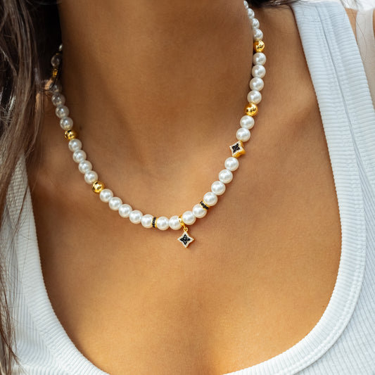 Gold Flower Pearl Chain - Black Stones