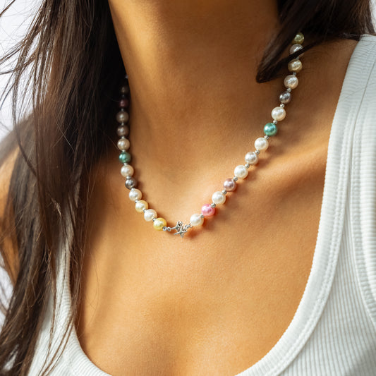 Silver Double Stars Beaded Chain - Multicolor