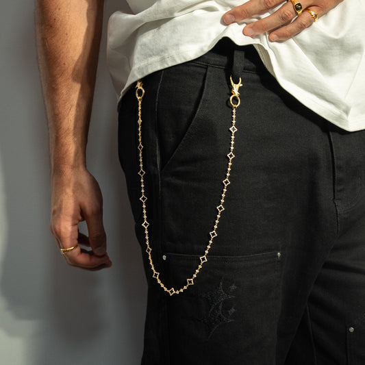 Gold Flower Tennis Wallet Chain - Black Pattern