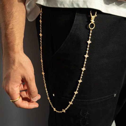 Gold Flower Tennis Wallet Chain - White Stones
