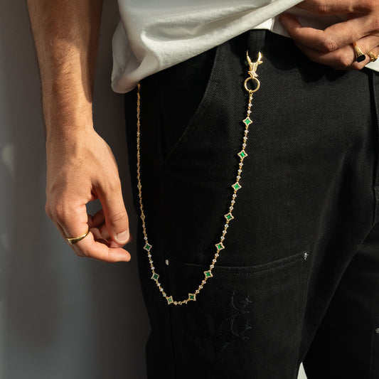 Gold Flower Tennis Wallet Chain - Green Pattern