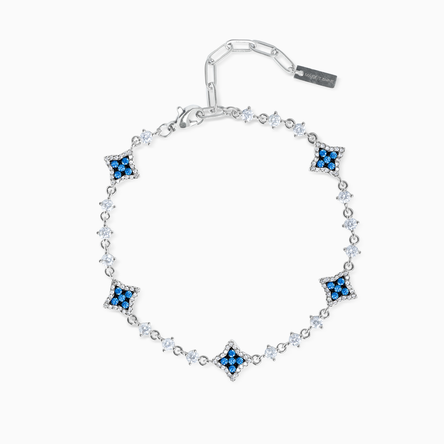 Silver Flower Tennis Bracelet - Blue Stones