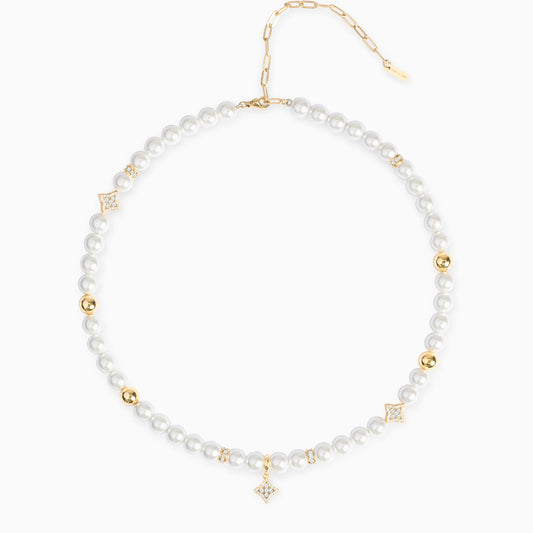 Gold Flower Pearl Chain - White Stones