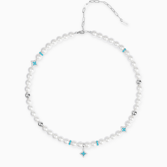 Silver Flower Pearl Chain - Blue Stones