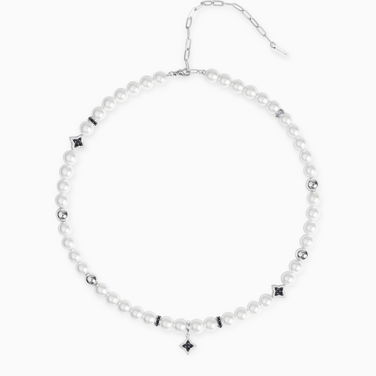 Silver Flower Pearl Chain - Black Stones