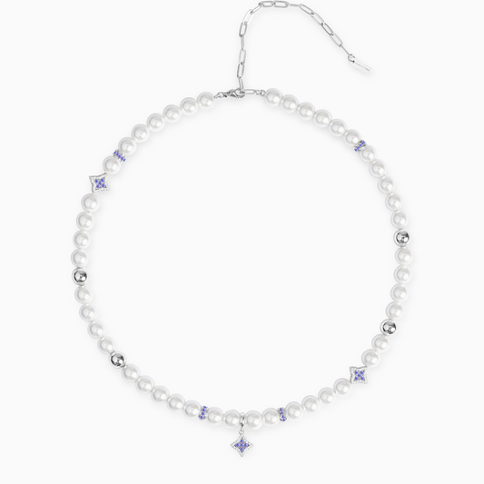 Silver Flower Pearl Chain - Purple Stones