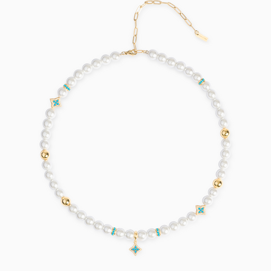 Gold Flower Pearl Chain - Blue Stones