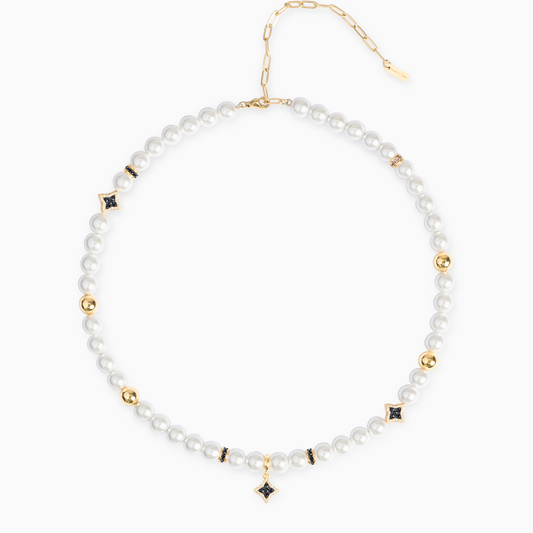 Gold Flower Pearl Chain - Black Stones