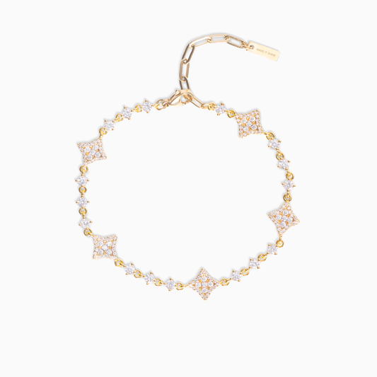 Gold Flower Tennis Bracelet - White Stones