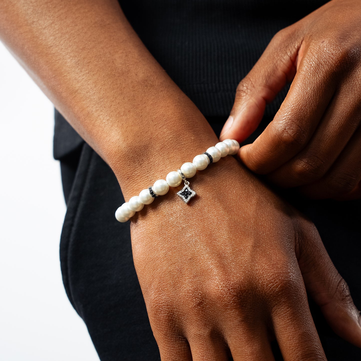 Bracelet Flower Pearl Argenté - Pierres Noires