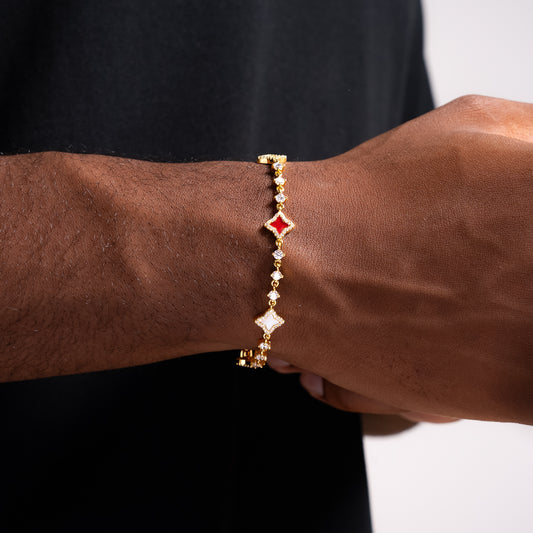 Gold Flower Tennis Bracelet - White & Red