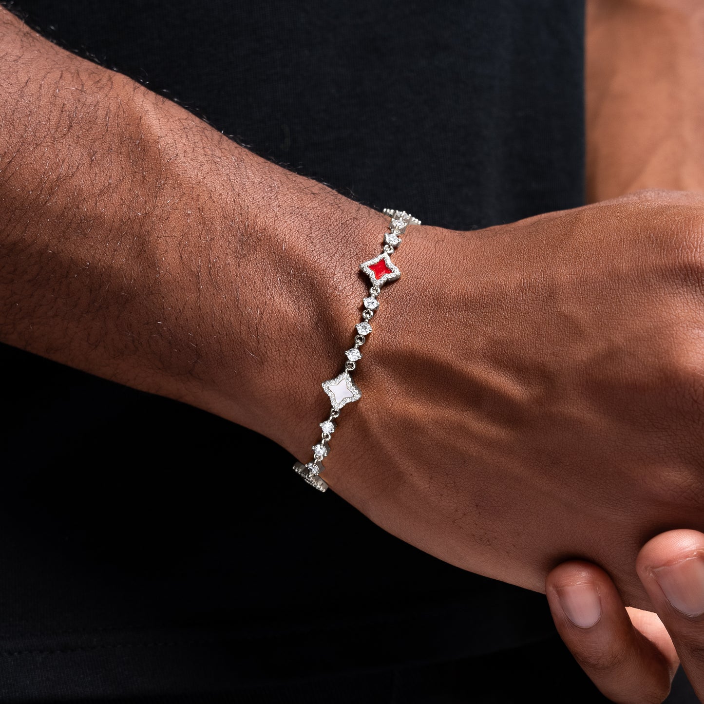 Silver Flower Tennis Bracelet - White & Red