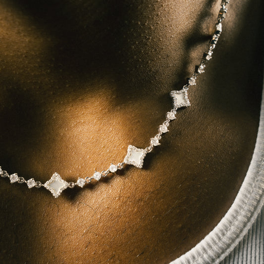Silver Flower Tennis Chain - White