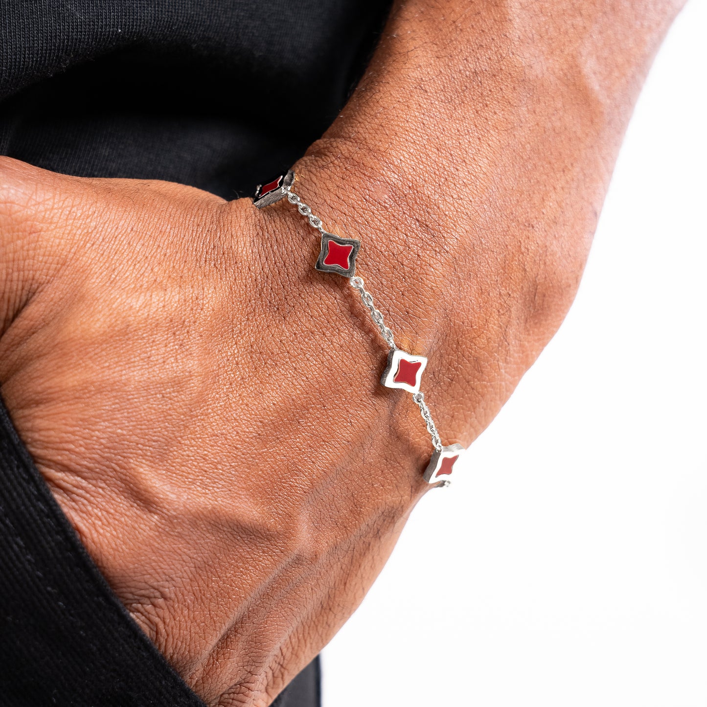 Bracelet Flower câble Argenté - Motif Rouge