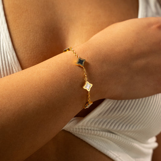 Bracelet Flower câble Doré - Motif Blanc & Noir