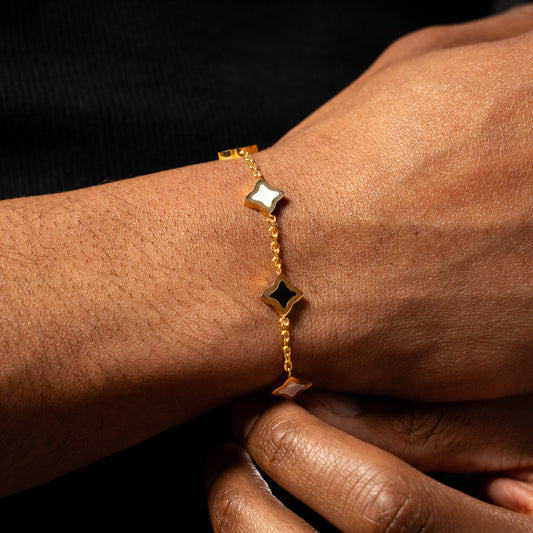 Bracelet Flower câble Doré - Motif Blanc & Noir