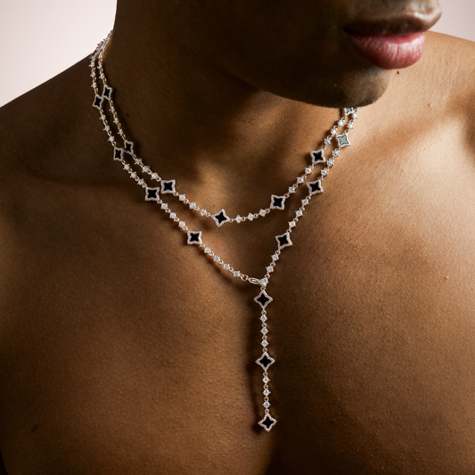 Lariat Flower Tennis Argenté - Motif Noir