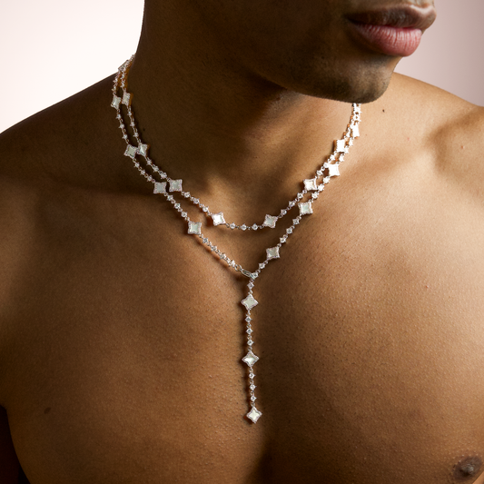 Lariat Flower Tennis Argenté - Motif Blanc