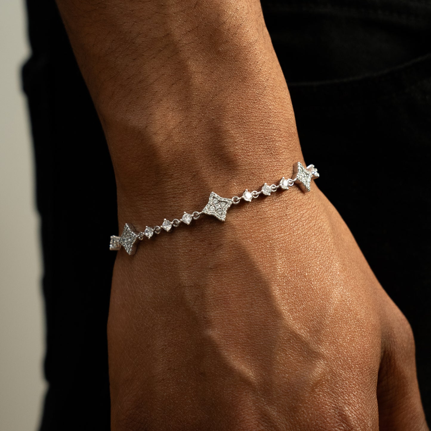 Silver Flower Tennis Bracelet - White Stones
