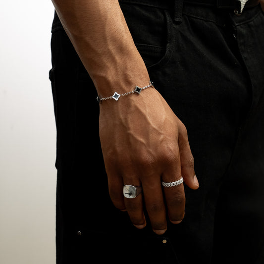 Bracelet Flower câble Argenté - Motif Noir