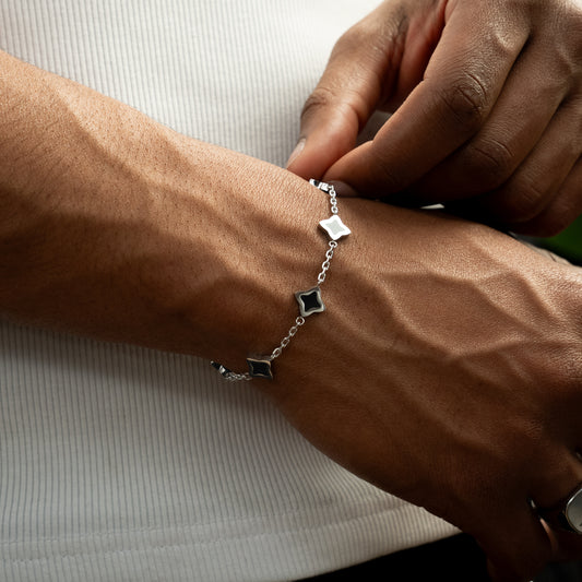 Bracelet Flower câble Argenté - Motif Noir