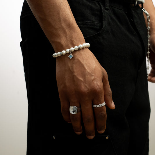 Silver Flower Pearl Bracelet - Blue Stones