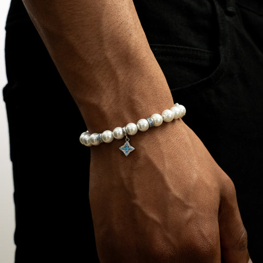 Silver Flower Pearl Bracelet - Blue Stones