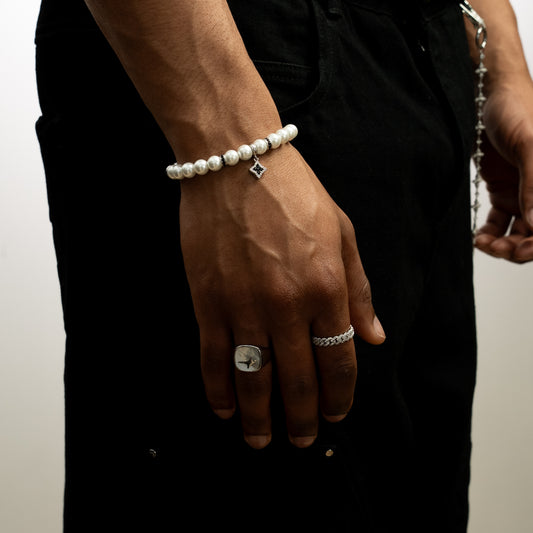 Silver Flower Pearl Bracelet - Black Stones