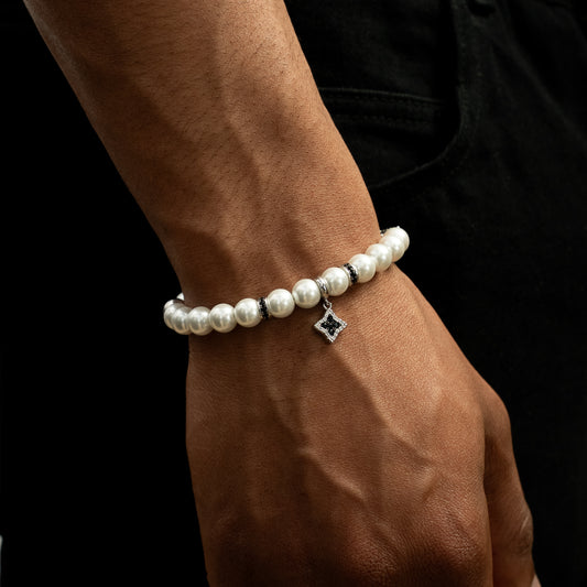 Silver Flower Pearl Bracelet - Black Stones