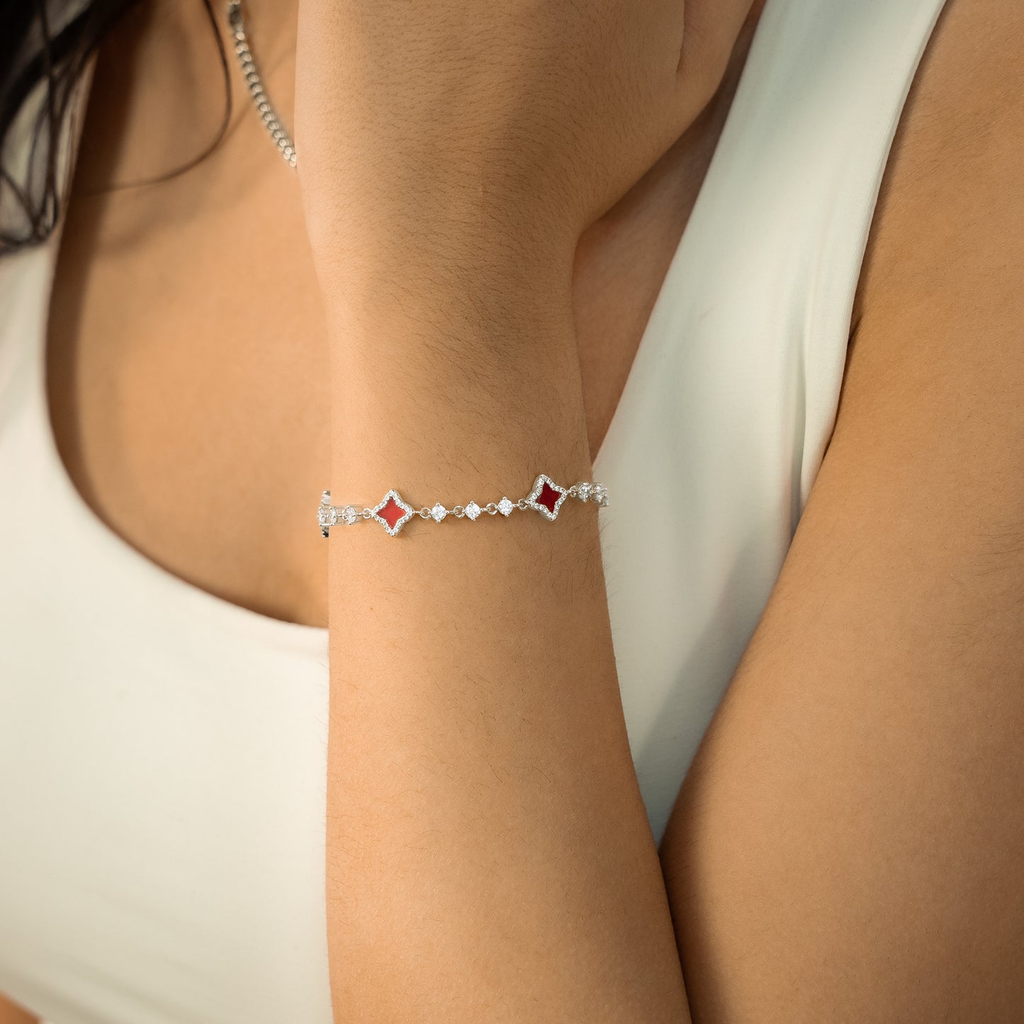 Silver Flower Tennis Bracelet - Red