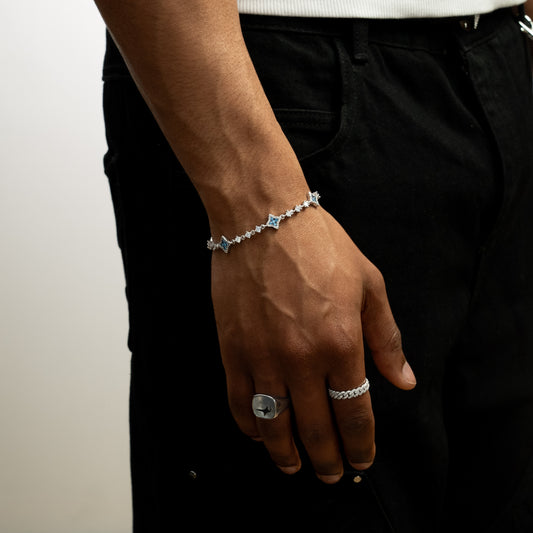 Silver Flower Tennis Bracelet - Blue Stones