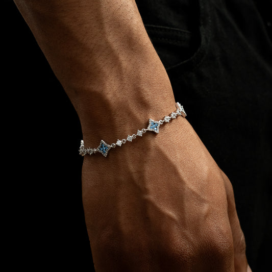 Silver Flower Tennis Bracelet - Blue Stones