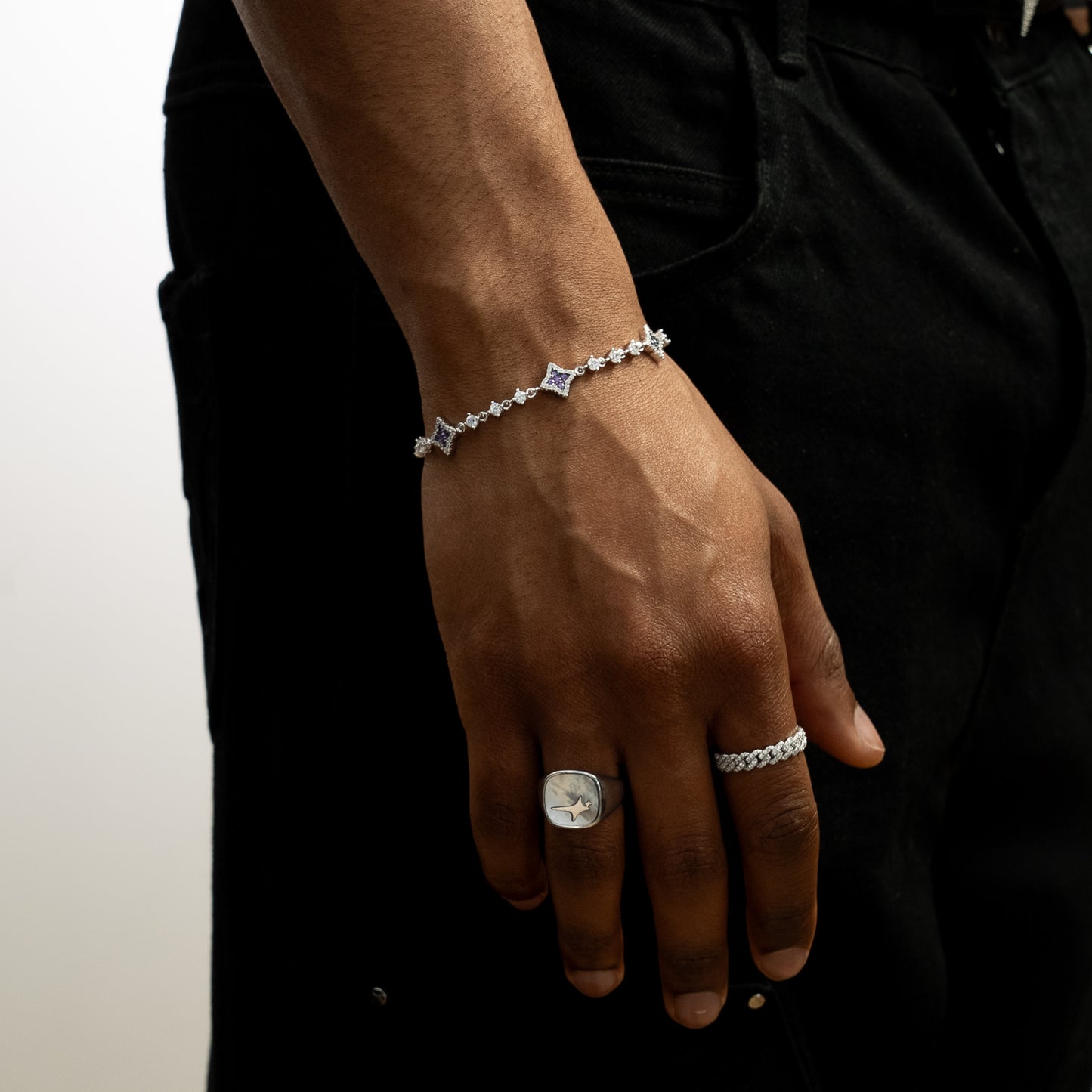 Silver Flower Tennis Bracelet - Purple Stones