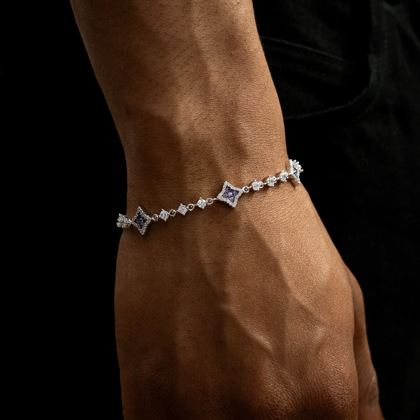 Silver Flower Tennis Bracelet - Purple Stones